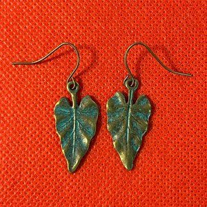Verdigris Patina Elephant Ear Leaves Pierced Earrings